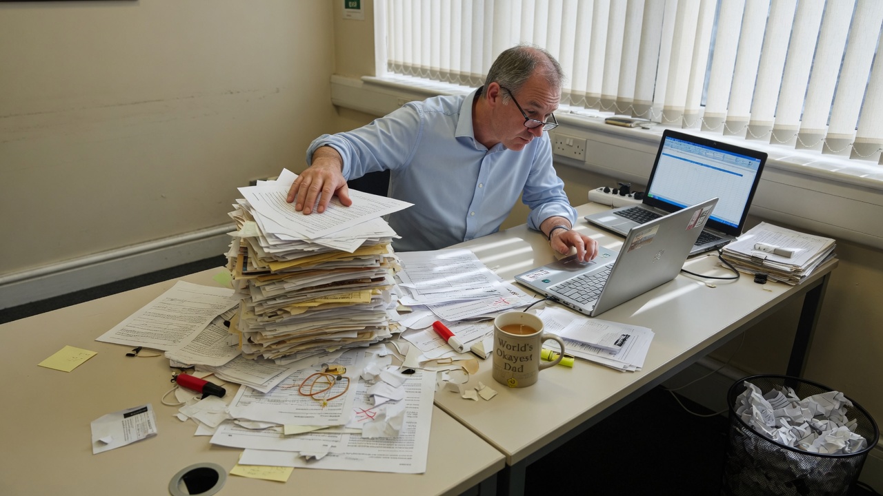 Office worker sorting messy paper records beside a laptop