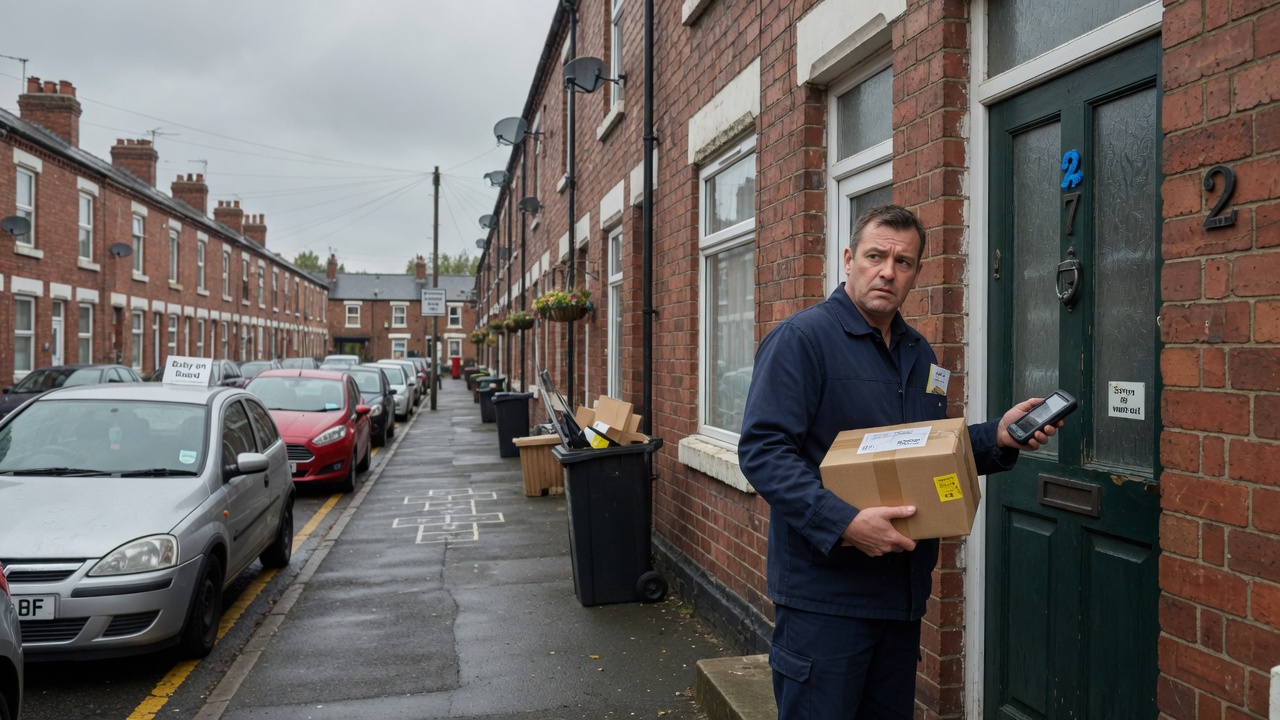 Courier at a terrace door with an undeliverable parcel