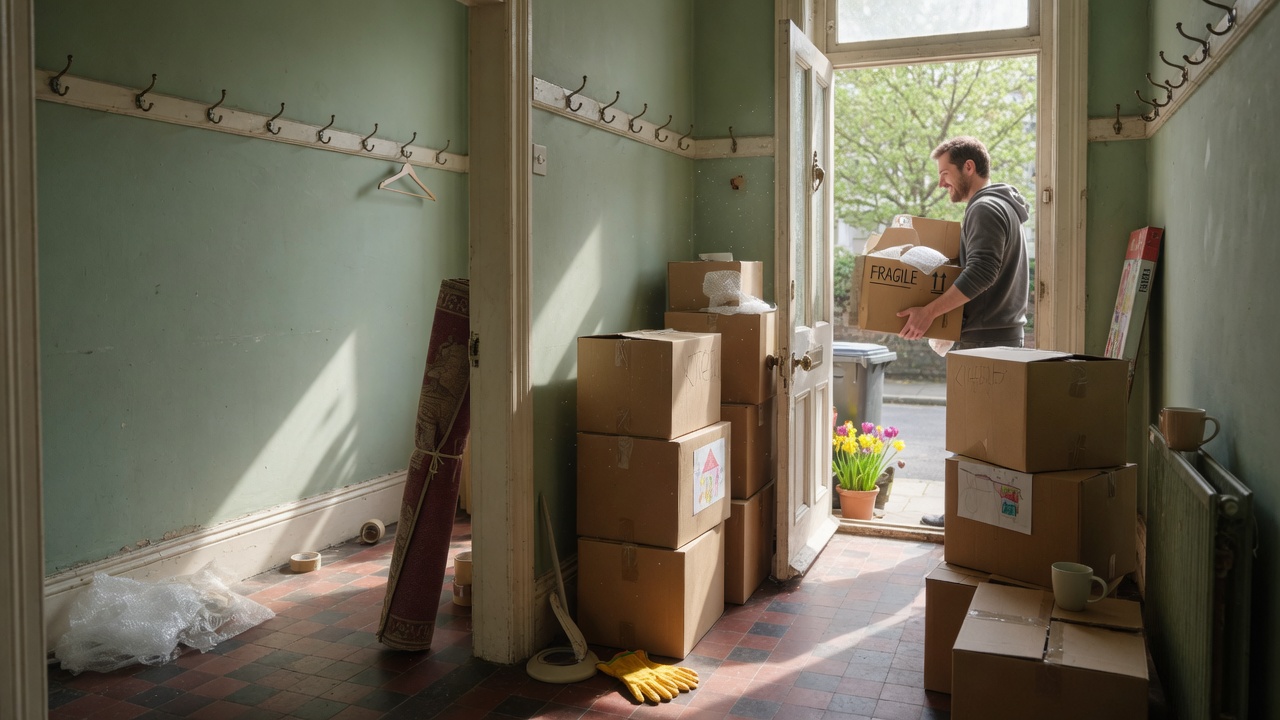 Moving day in a British terrace hallway