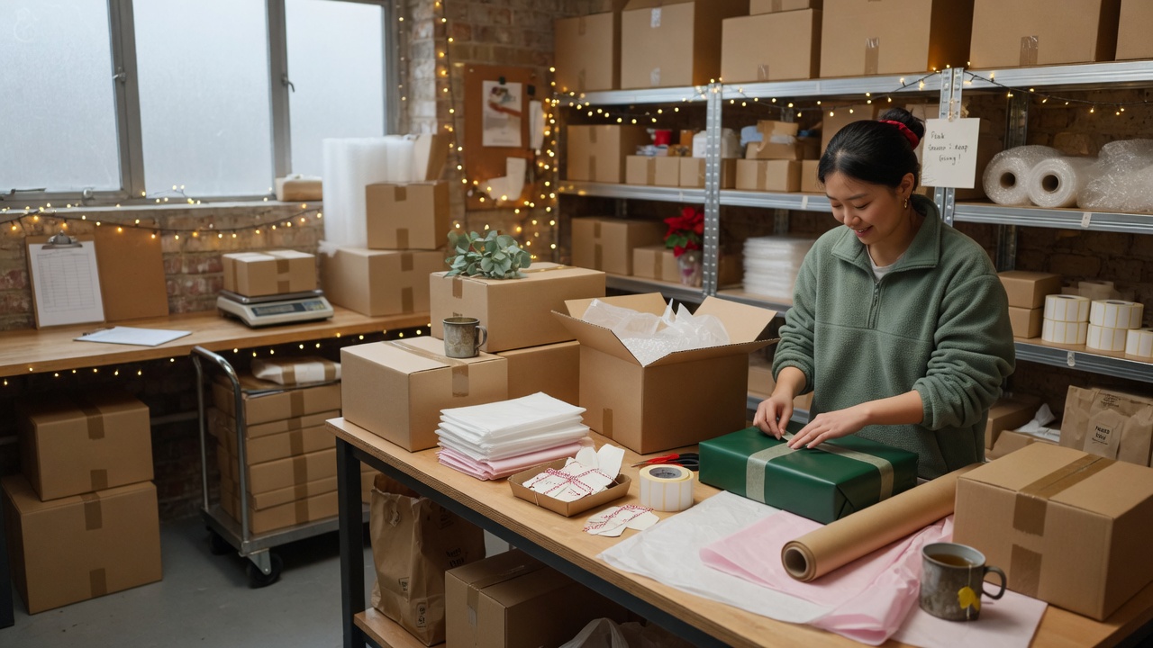 Packing festive parcels in a small UK warehouse