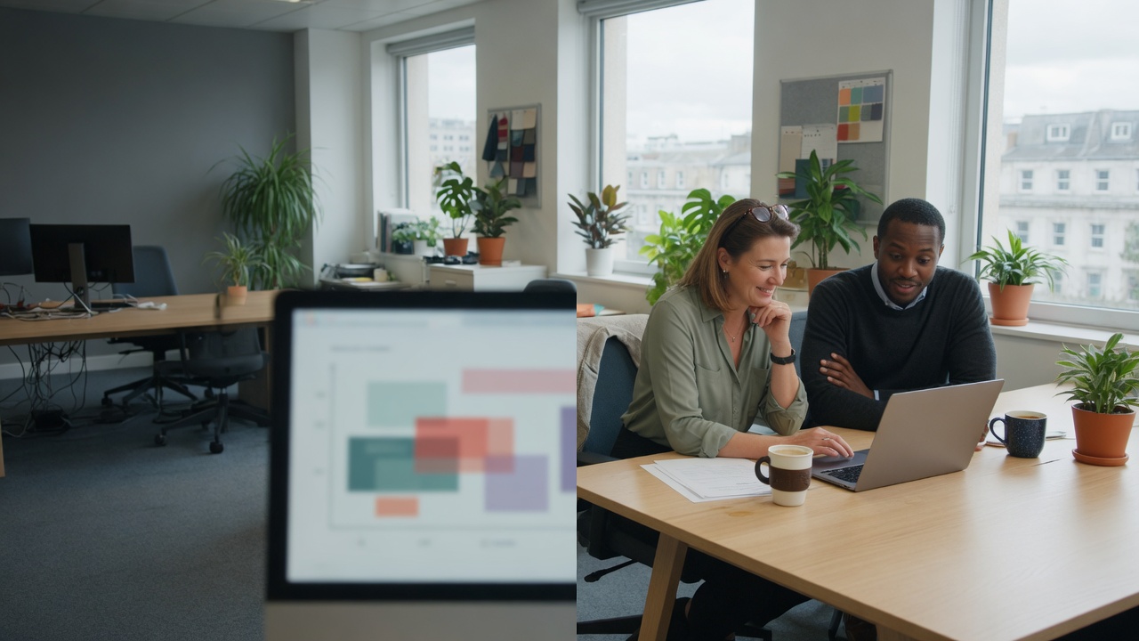 Colleagues reviewing address-validation results in an office