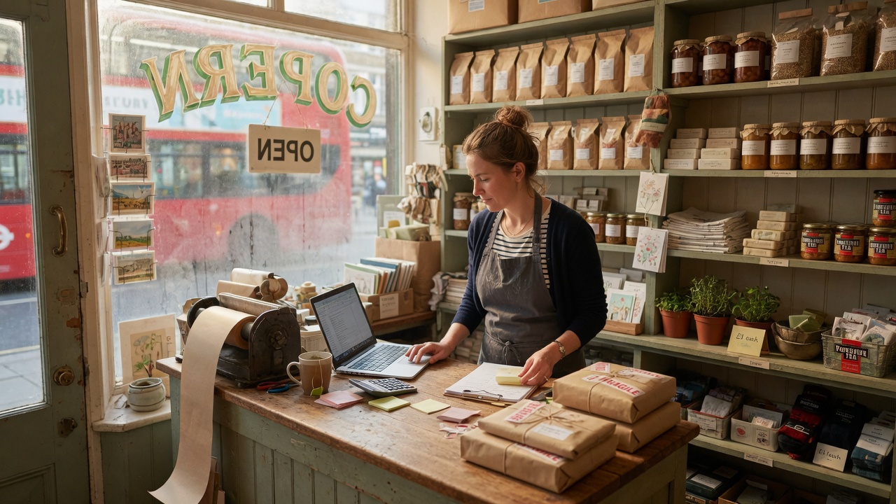 Independent shop owner checking orders at the counter