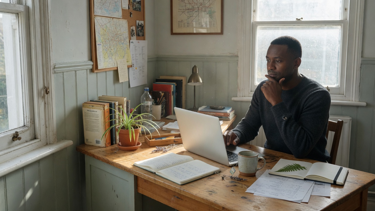Writer at a desk by a sash window, working on UK address insights