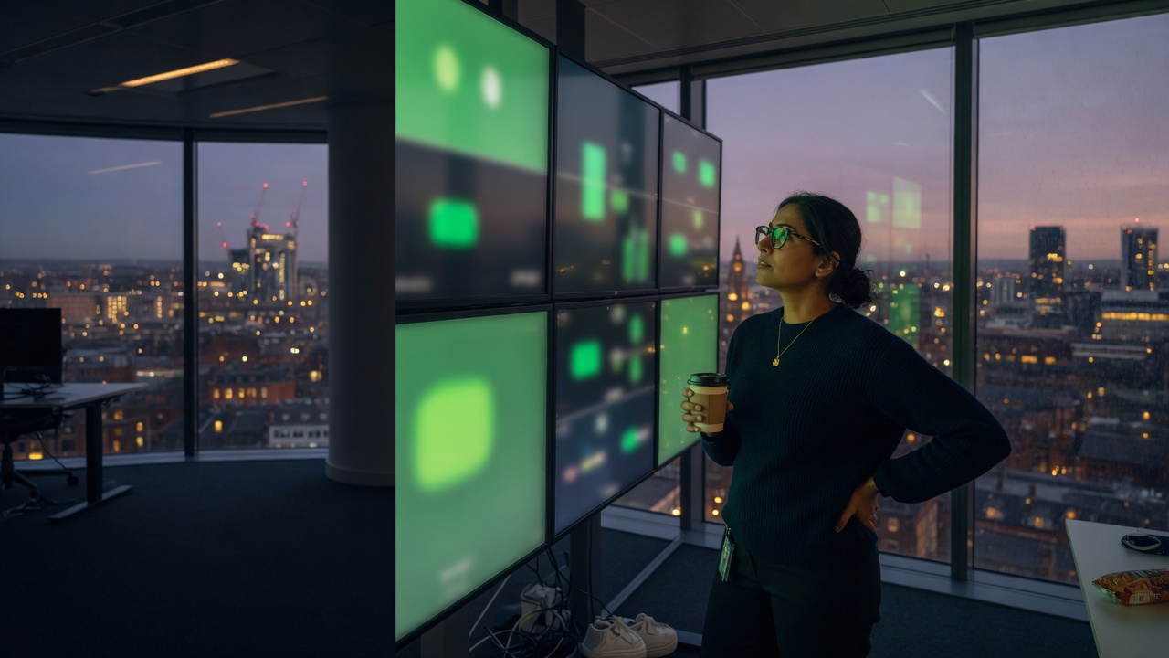 Engineer monitoring systems in a UK operations office at dusk
