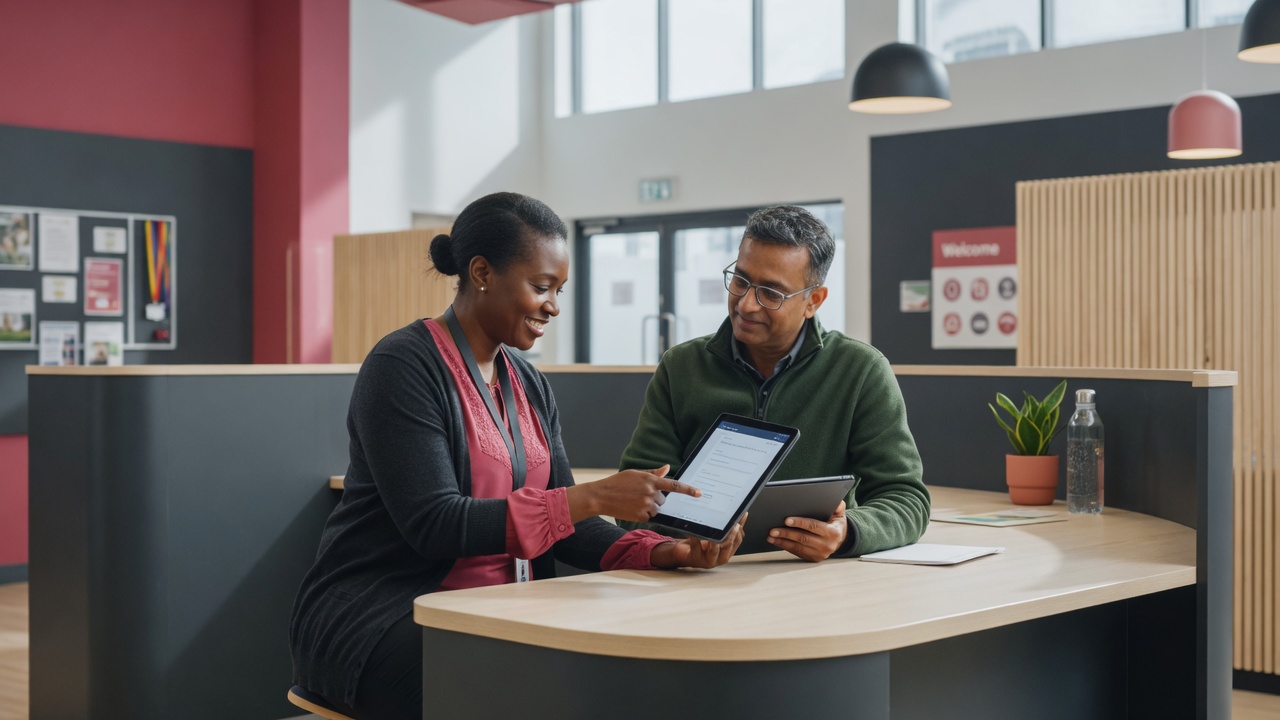 Public sector advisor helping a resident complete an address form